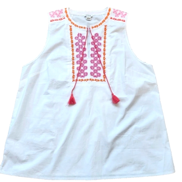 J. Crew Tops - J. Crew White Sleeveless Embroidered Tassel Top with Pink and Orange Accents